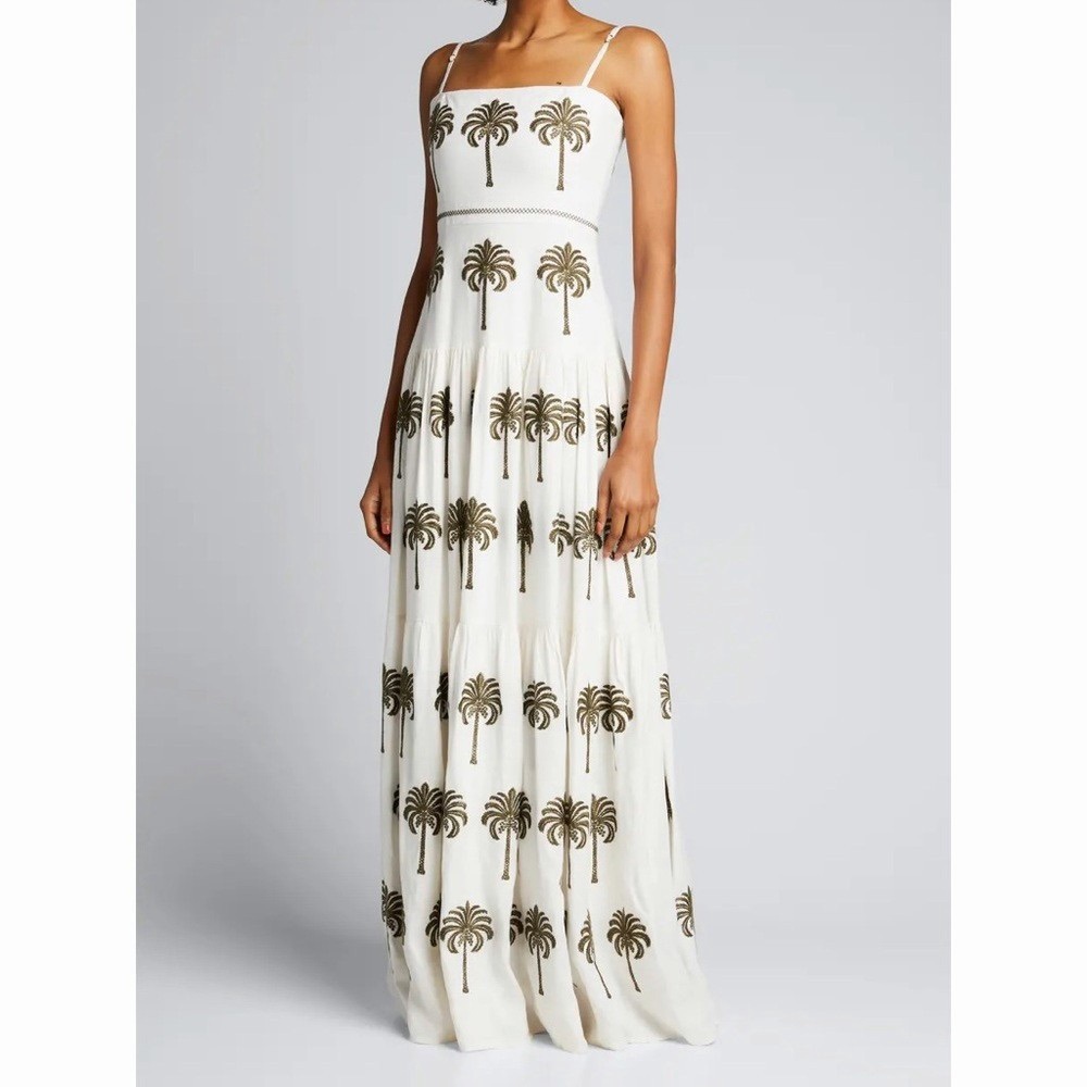 Agua Bendita Lima Cocora Linen Maxi Dress Palm Tree Floral Embroidered White S